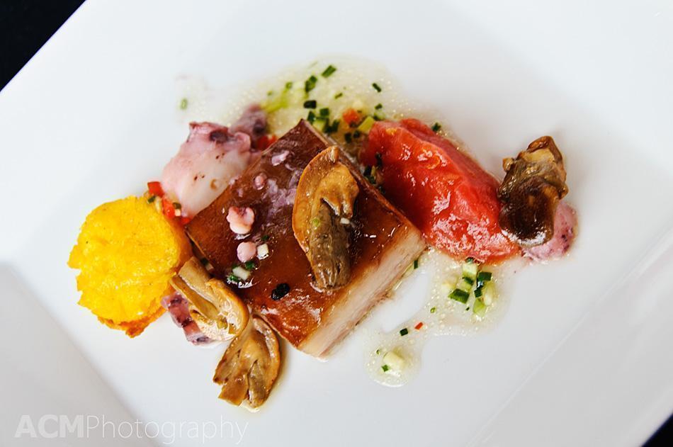  pork belly with tomato chutney, mushrooms and polenta