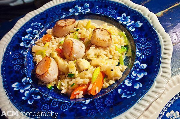 Seared scallops and vegetable risotto