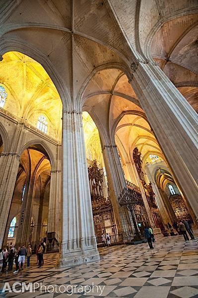 Cool, Calm, Seville Cathedral with its dramatic pillars and arches