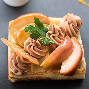  Brussels waffle with caramelized apple and wild duck whipped cream
