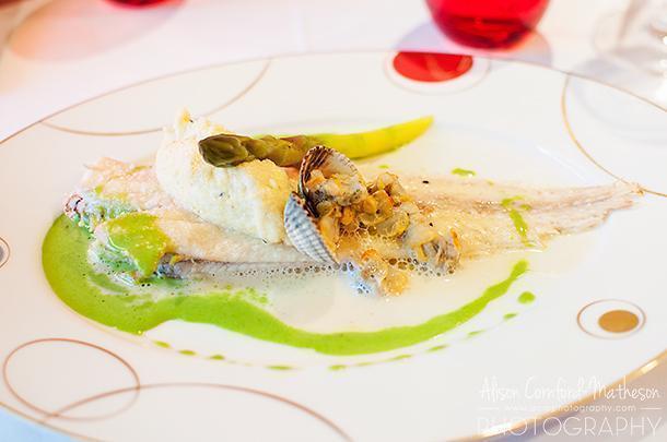 Braised, line caught sole, in a watercress veloute with cockles