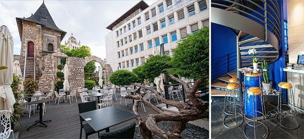 The pretty terrace and the world's coolest bar furniture at Le Jardin de Pavillion