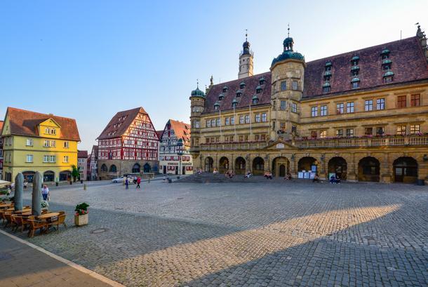 Rothenburg's city hall is a pretty sight as the sun sinks over the town.