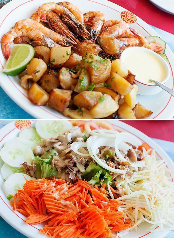 Local shrimps and 'poulet boucane' at Restaurant Mille Pâtes, Kourou