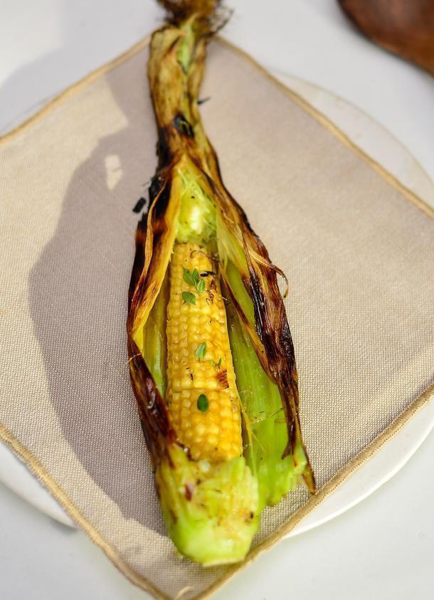 Grilled baby corn with cured egg yolk