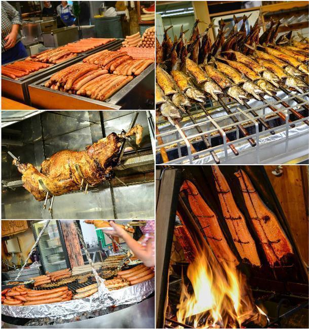 Smoked salmon, rotisserie cow, grilled herring, and sausages at the Volksfest