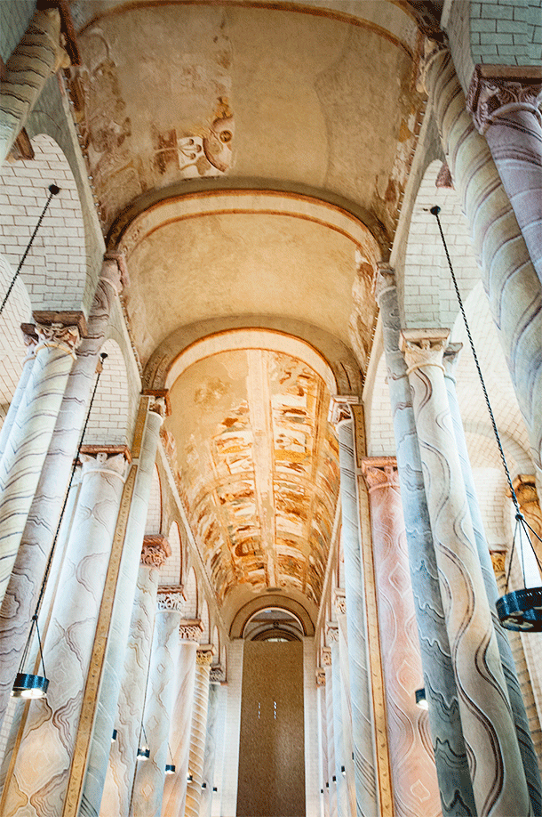 Inside the colourful Saint Savin Abbey Church, in Poitou-Charentes, France