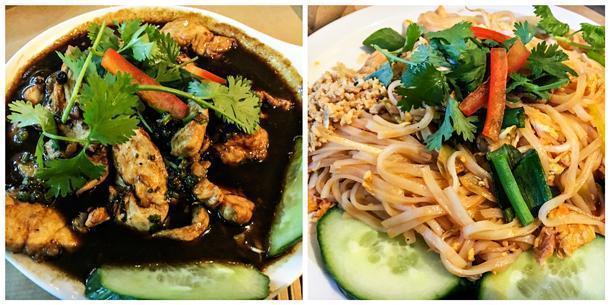 Chicken with fresh green pepper (left) and chicken pad thai (right).