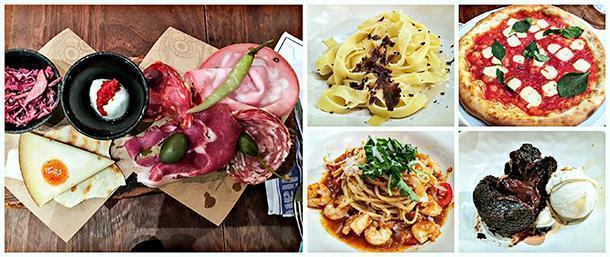 Meat platter with cured meats and cheese, truffle tagliatelle, pizza, and chocolate praline pudding, at Jamie’s Italian, in Leeds