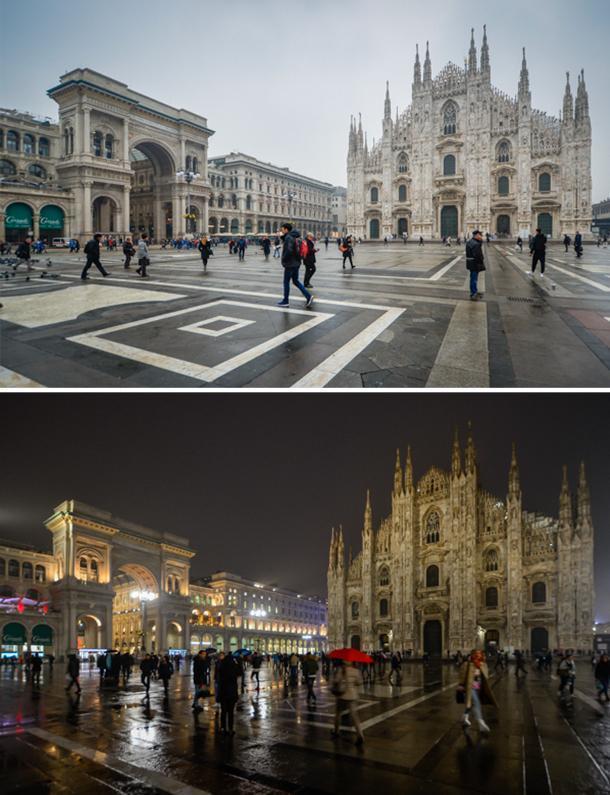 The Piazza del Duomo is bustling day and night, in Milan, Italy