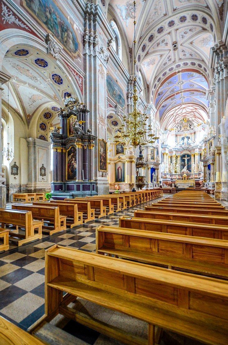 Inside the ornate Kaunas Basilica, in Lithuania