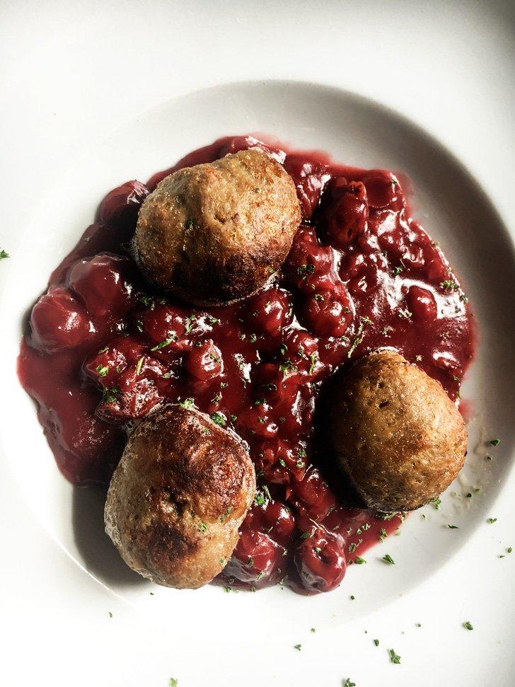 Meatballs with cherry sauce, a traditional Flemish dish. 