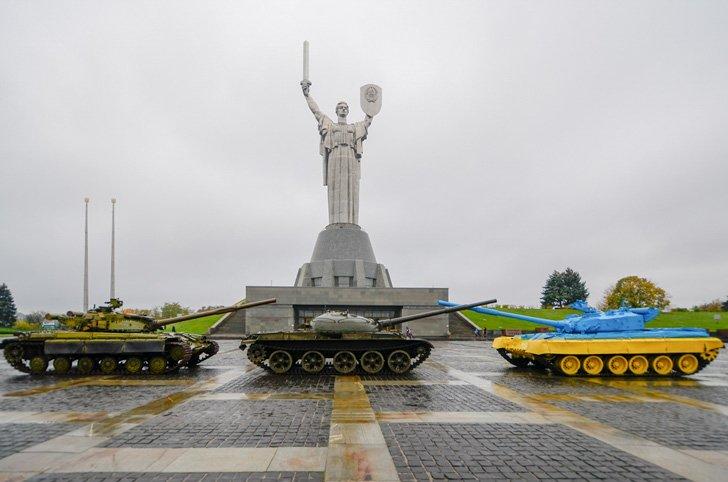 The Motherland Monument watches over Kiev, Ukraine.