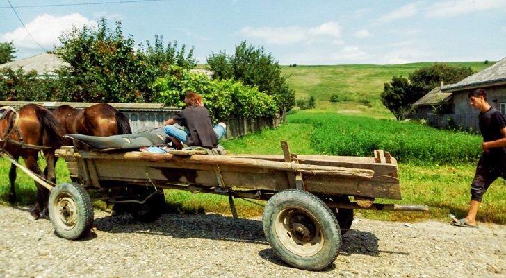 horse cart on a country road in Moldova Romania