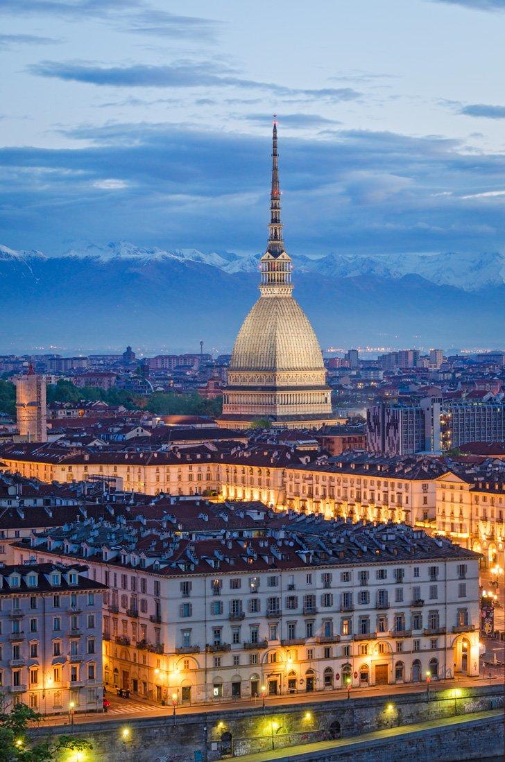 The tower of the Mole Antonelliana dominates Turin's skyline. 