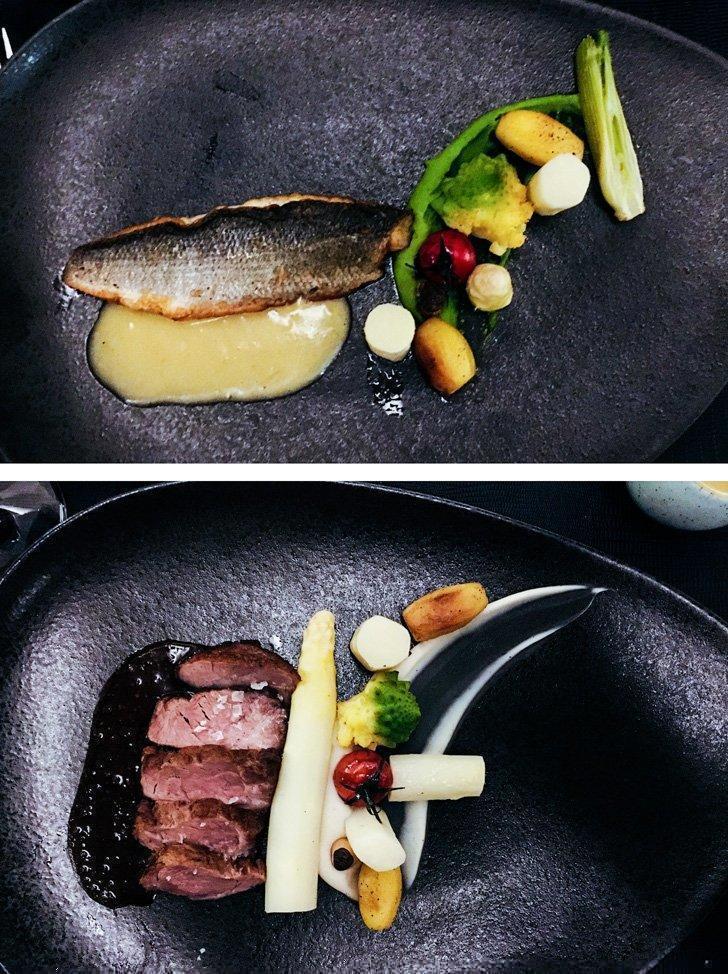 European sea bass and beef tenderloin with seasonal vegetables served at the Terhills Hotel Restaurant. 